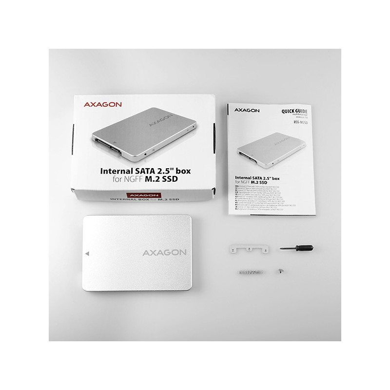 AXAGON RSS-M2SD, SATA - M.2 SATA SSD, interný 2.5'' ALU box, strieborný
