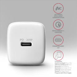 AXAGON ACU-PD20W, nabíjačka do siete 20W, 1x port USB-C, PD3.0/PPS/QC4+/AFC/Apple, biela