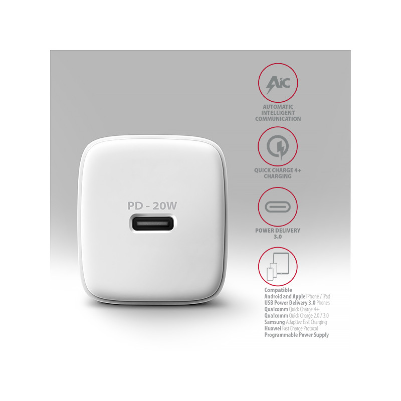 AXAGON ACU-PD20W, nabíjačka do siete 20W, 1x port USB-C, PD3.0/PPS/QC4+/AFC/Apple, biela
