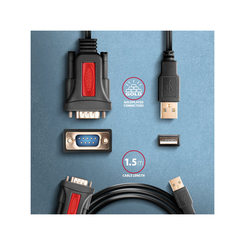 AXAGON ADS-1PSN, USB-A 2.0 - sériový RS-232 DB9-M Prolific adaptér/kábl 1.5m