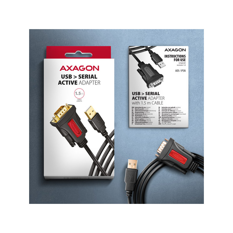 AXAGON ADS-1PSN, USB-A 2.0 - sériový RS-232 DB9-M Prolific adaptér/kábl 1.5m