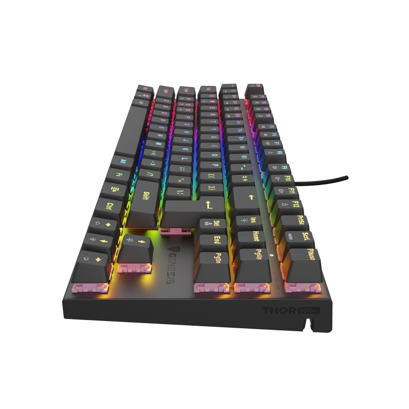 Genesis herná mechanická klávesnica THOR 303/TKL/RGB/Outemu Peach Silent/Drôtová USB/US layout/Čierna