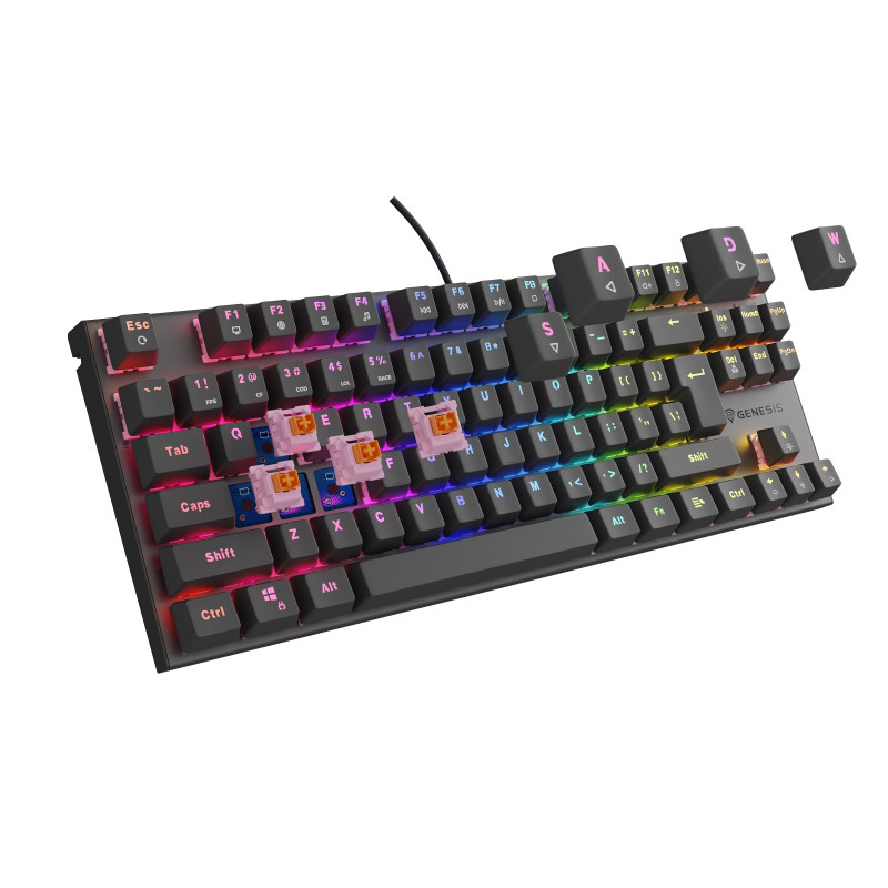 Genesis herná mechanická klávesnica THOR 303/TKL/RGB/Outemu Peach Silent/Drôtová USB/US layout/Čierna