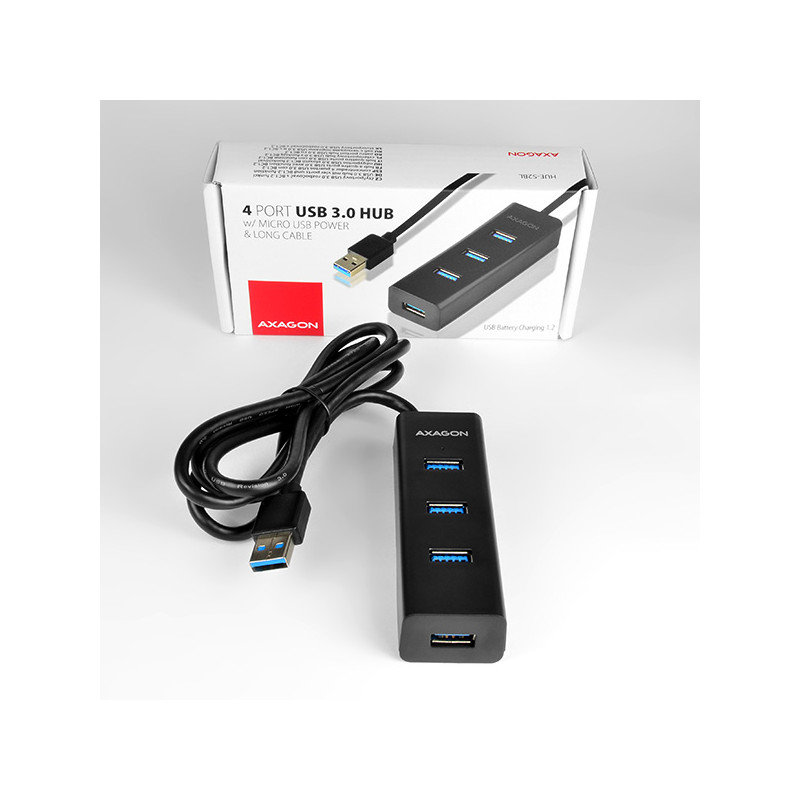 AXAGON HUE-S2BL, 4x USB 3.0 CHARGING húb, micro USB napr. konektor, kábel USB-A 1.2m