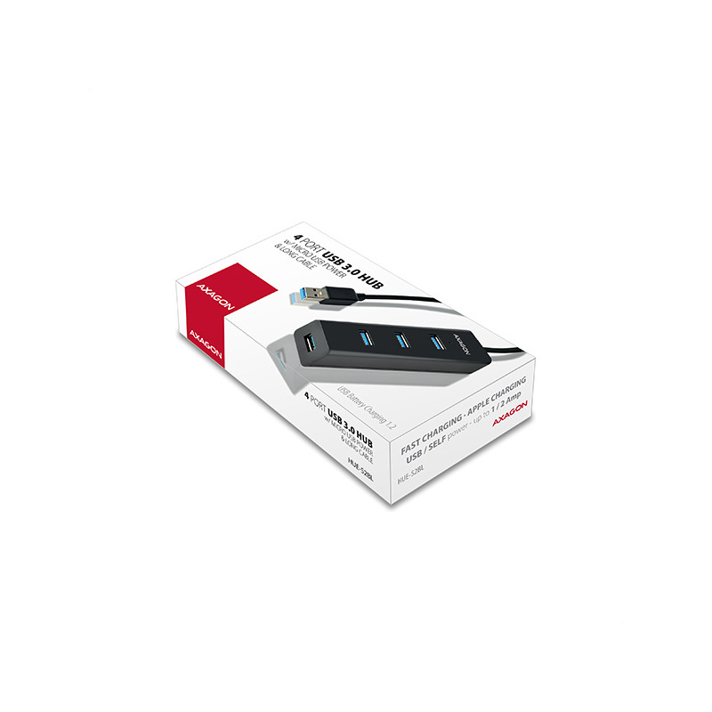 AXAGON HUE-S2BL, 4x USB 3.0 CHARGING húb, micro USB napr. konektor, kábel USB-A 1.2m