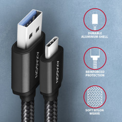 AXAGON BUCM3-AM10AB, SPEED kábel USB-C -- USB-A, 1m, USB 3.2 Gen 1, 3A, ALU, oplet, čierny