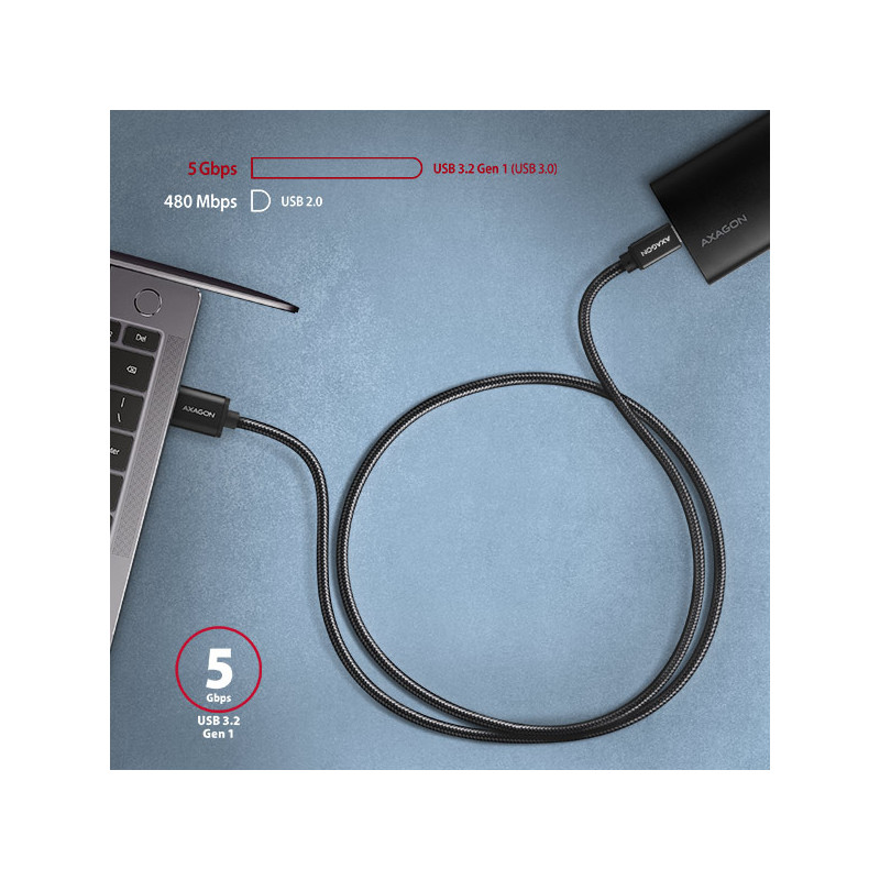 AXAGON BUCM3-AM10AB, SPEED kábel USB-C -- USB-A, 1m, USB 3.2 Gen 1, 3A, ALU, oplet, čierny