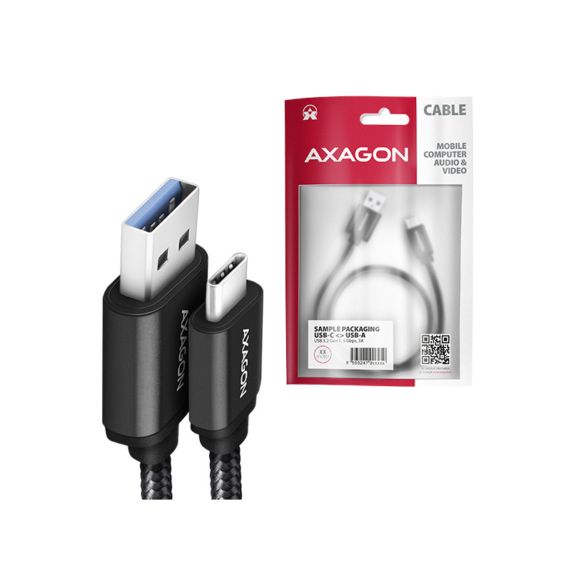 AXAGON BUCM3-AM10AB, SPEED kábel USB-C -- USB-A, 1m, USB 3.2 Gen 1, 3A, ALU, oplet, čierny