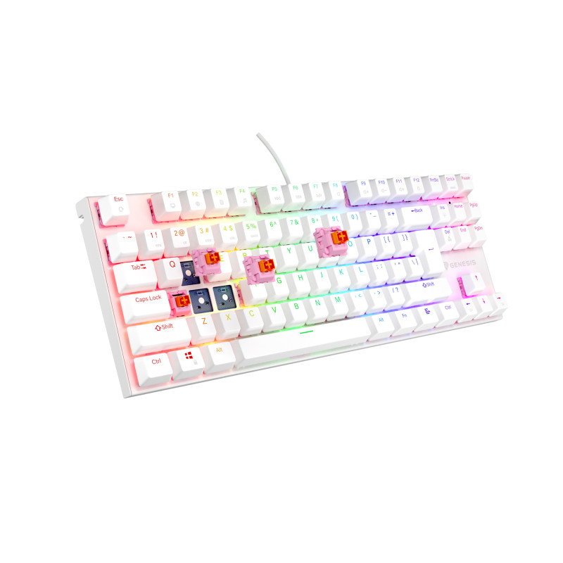 Genesis tichá herná klávesnica THOR 303/TKL/RGB/Outemu Peach Silent/Drôtová USB/US layout/Biela
