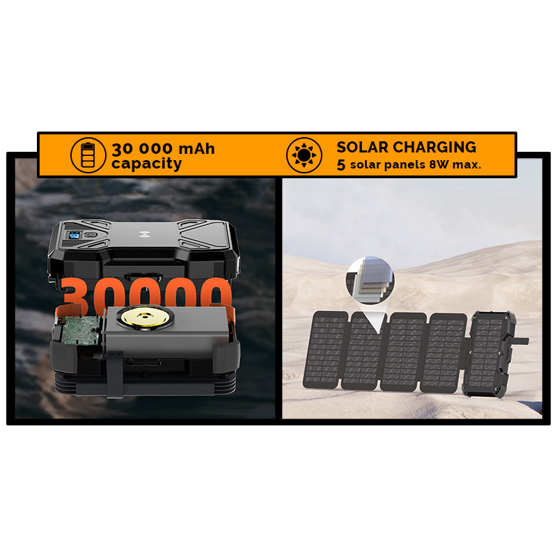 Solárna powerbanka VIKING TYR III/Output: 1xUSB-C, 2xUSB-A/Wireless charge 15W max/30000mAh/ LED svetlo