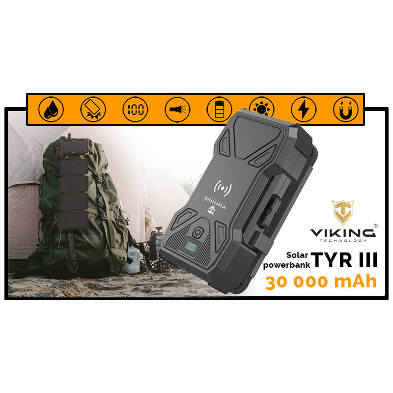 Solárna powerbanka VIKING TYR III/Output: 1xUSB-C, 2xUSB-A/Wireless charge 15W max/30000mAh/ LED svetlo