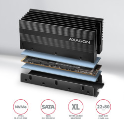 AXAGON CLR-M2XL, hliníkový pasívny chladič pre jedno aj oboustranný M.2 SSD disk, výška 36 mm