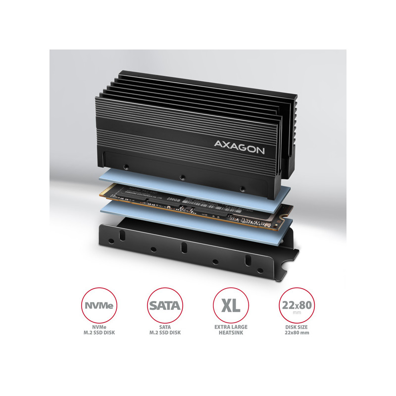 AXAGON CLR-M2XL, hliníkový pasívny chladič pre jedno aj oboustranný M.2 SSD disk, výška 36 mm