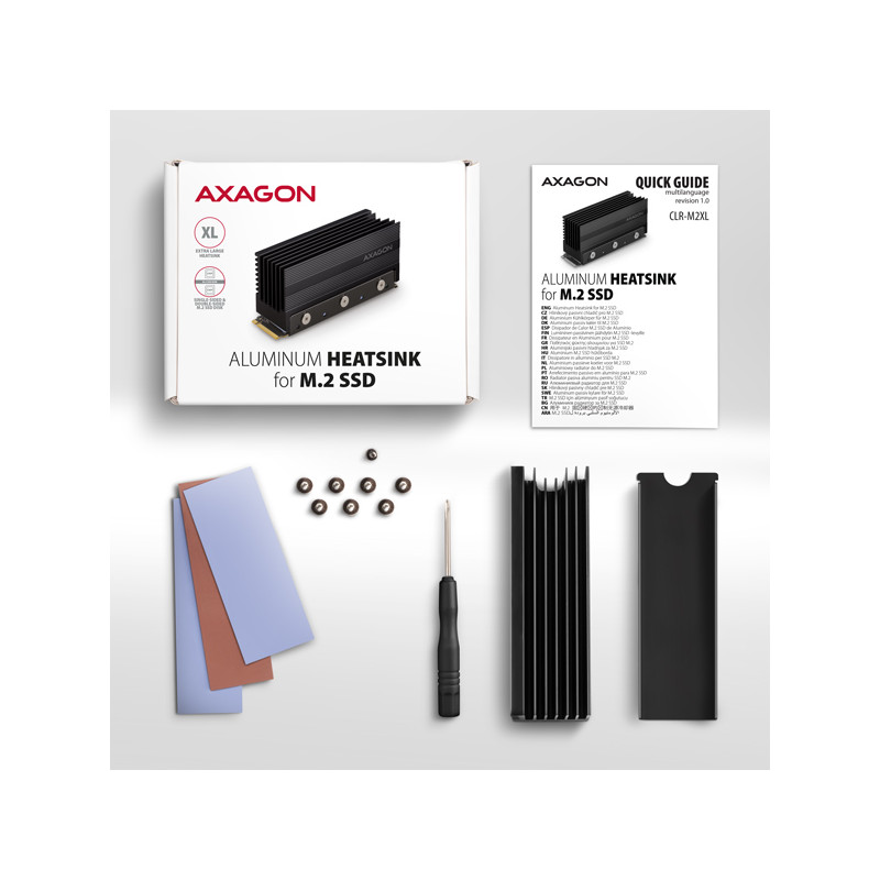 AXAGON CLR-M2XL, hliníkový pasívny chladič pre jedno aj oboustranný M.2 SSD disk, výška 36 mm