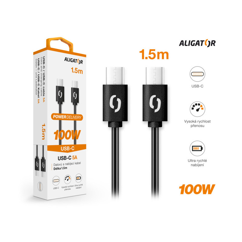 Dátový kábel ALIGATOR POWER 100W, USB-C/USB-C 5A, 1,5m čierny