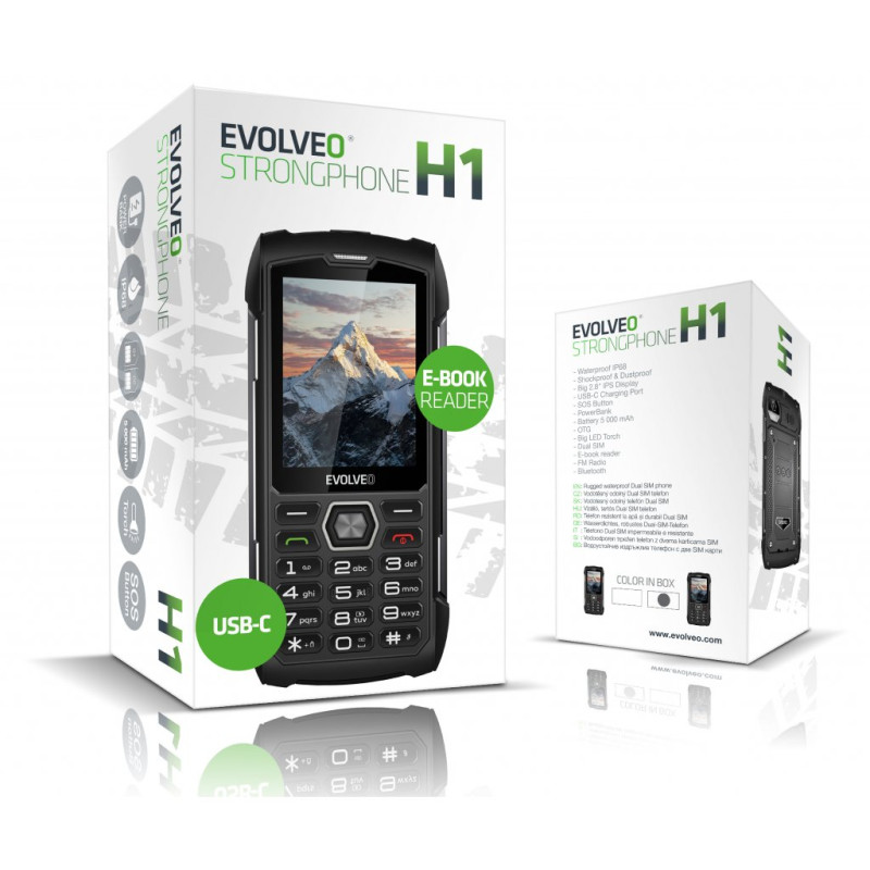 EVOLVEO StrongPhone H1, IP68 odolný Dual SIM telefón, 2,8'' LCD, 5000mAh, Powerbanka, černo-strieborný