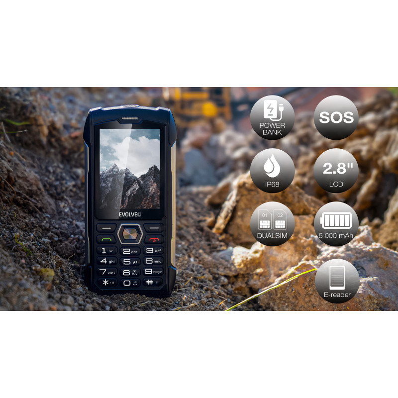 EVOLVEO StrongPhone H1, IP68 odolný Dual SIM telefón, 2,8'' LCD, 5000mAh, Powerbanka, černo-strieborný