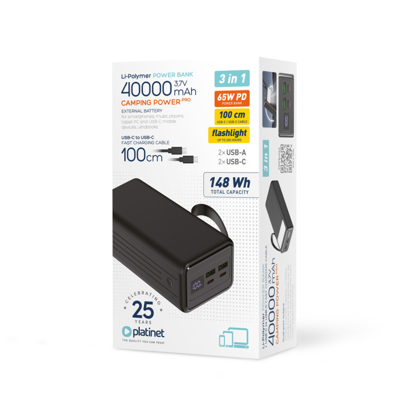FELLOWES - Platinet Powerbanka 40000 mAh 65W Power Delivery, 2xUSB-C, 2xUSB-A, kábel USB-C 1m, čierna