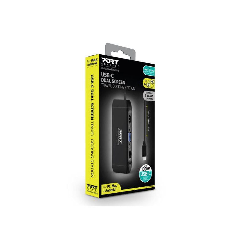 NONAME - PORT CONNECT Dokovacia stanica 8v1 DUAL SCREEN, 2xFullHD alebo 1x4K, HDMI, VGA, 3x USB-A, RJ-45, TF, SD