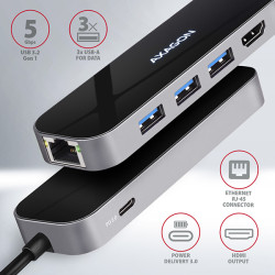 AXAGON HMC-6GL, USB 3.2 Gen 1 húb, 3x USB-A, HDMI 4k/30Hz, RJ-45 GLAN, PD 100W, kábel USB-C 20cm