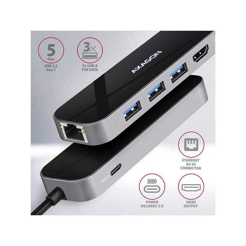 AXAGON HMC-6GL, USB 3.2 Gen 1 húb, 3x USB-A, HDMI 4k/30Hz, RJ-45 GLAN, PD 100W, kábel USB-C 20cm