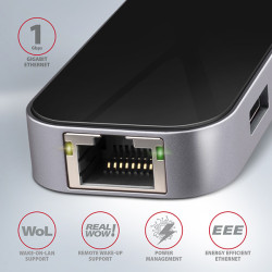 AXAGON HMC-6GL, USB 3.2 Gen 1 húb, 3x USB-A, HDMI 4k/30Hz, RJ-45 GLAN, PD 100W, kábel USB-C 20cm