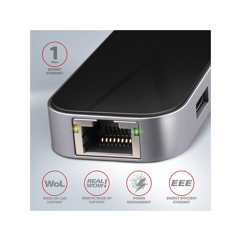 AXAGON HMC-6GL, USB 3.2 Gen 1 húb, 3x USB-A, HDMI 4k/30Hz, RJ-45 GLAN, PD 100W, kábel USB-C 20cm