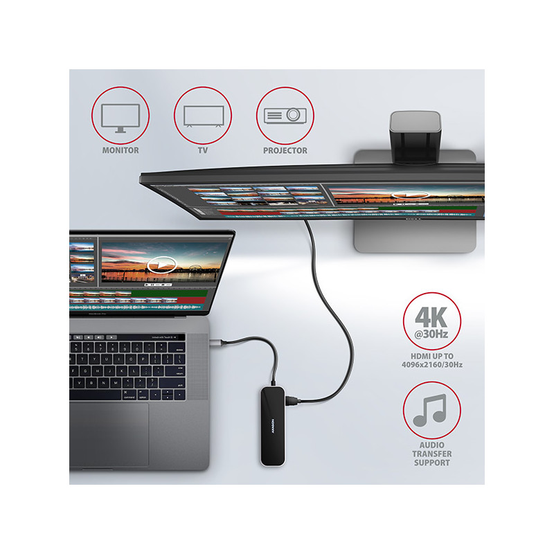 AXAGON HMC-6GL, USB 3.2 Gen 1 húb, 3x USB-A, HDMI 4k/30Hz, RJ-45 GLAN, PD 100W, kábel USB-C 20cm