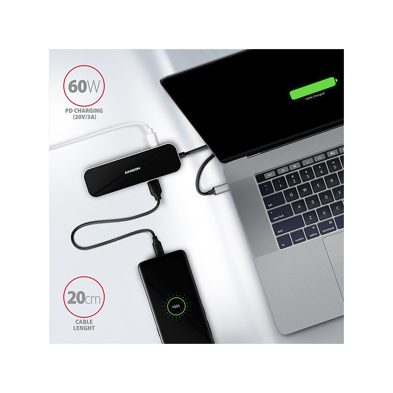 AXAGON HMC-6GL, USB 3.2 Gen 1 húb, 3x USB-A, HDMI 4k/30Hz, RJ-45 GLAN, PD 100W, kábel USB-C 20cm