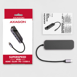 AXAGON HMC-6GL, USB 3.2 Gen 1 húb, 3x USB-A, HDMI 4k/30Hz, RJ-45 GLAN, PD 100W, kábel USB-C 20cm