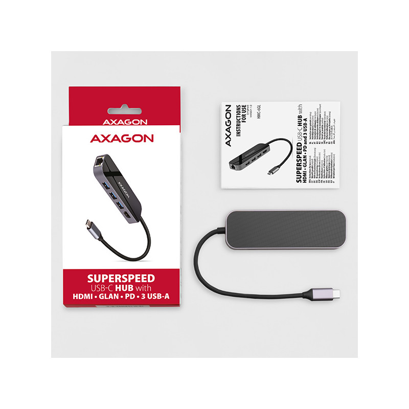 AXAGON HMC-6GL, USB 3.2 Gen 1 húb, 3x USB-A, HDMI 4k/30Hz, RJ-45 GLAN, PD 100W, kábel USB-C 20cm