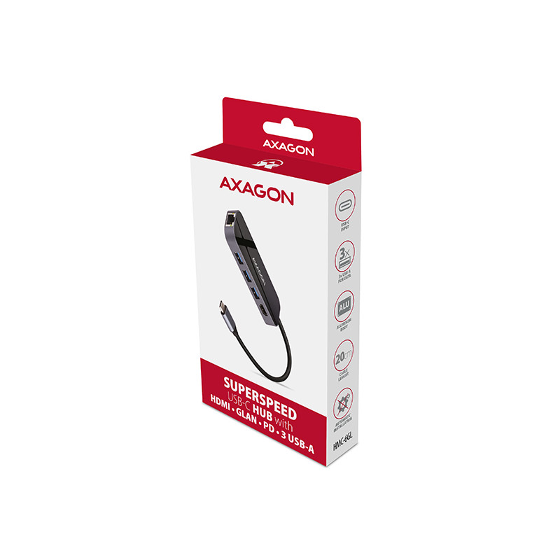 AXAGON HMC-6GL, USB 3.2 Gen 1 húb, 3x USB-A, HDMI 4k/30Hz, RJ-45 GLAN, PD 100W, kábel USB-C 20cm