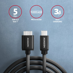 AXAGON BUMM3-CM10AB, SPEED kábel Micro-B USB -- USB-C, 1m, USB 3.2 GEN 1, 3A, ALU, tpe, černý