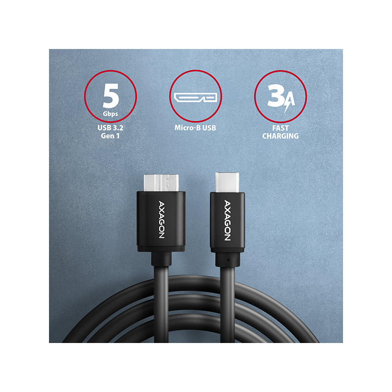 AXAGON BUMM3-CM10AB, SPEED kábel Micro-B USB -- USB-C, 1m, USB 3.2 GEN 1, 3A, ALU, tpe, černý