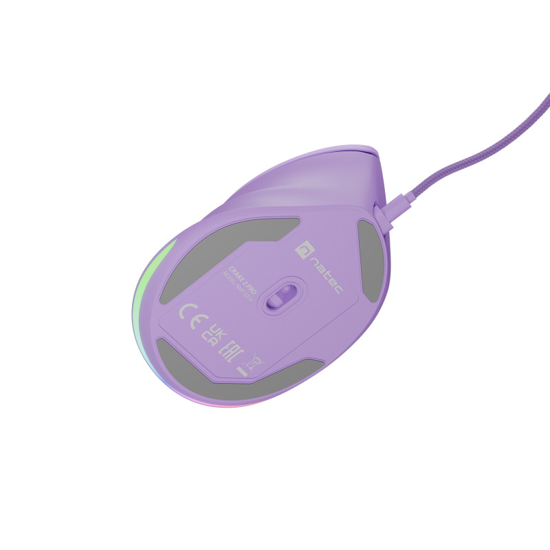 Vertikálna myš Natec CRAKE 2 PRO/Vertikálna/Optická/Pre pravákov/12 400 DPI/Drôtové USB-A/Fialová