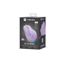 Vertikálna myš Natec CRAKE 2 PRO/Vertikálna/Optická/Pre pravákov/12 400 DPI/Drôtové USB-A/Fialová