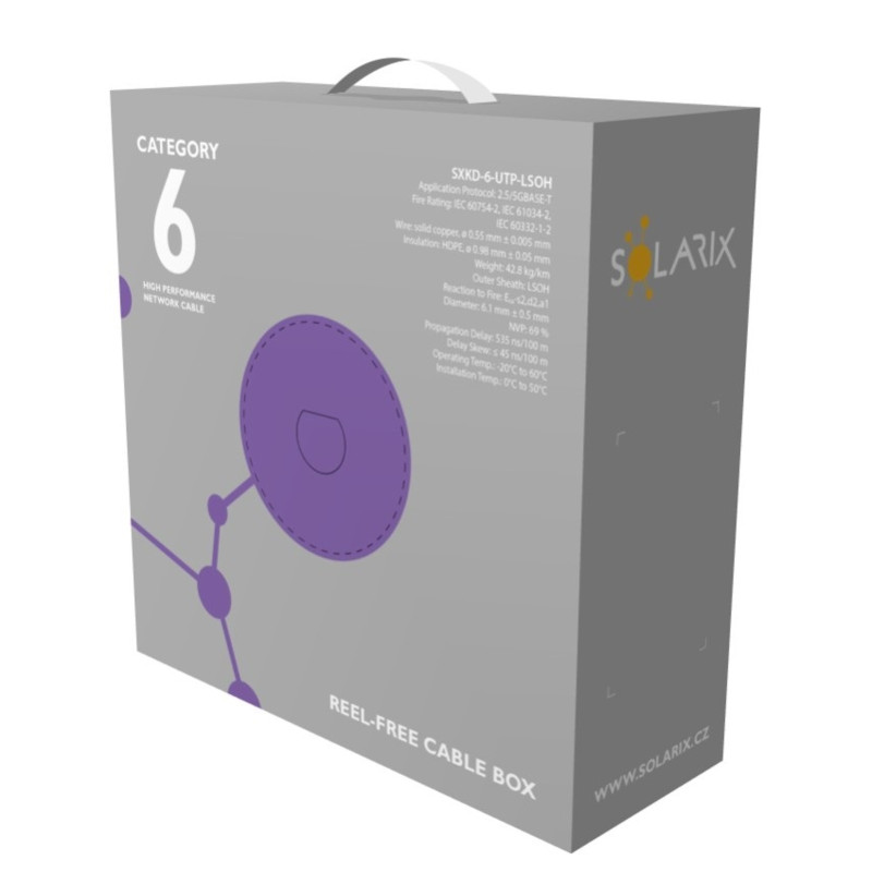 Instalačný kábel Solarix CAT6 UTP LSOH Dca-s2,d2,a1 100m/box SXKD-6-UTP-LSOH