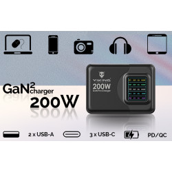 Viking USB GaN charger 200W PD PRO/sieťový adaptér/Output:3xUSB-C,2xUSB-A/Rýchlo nabíjania/