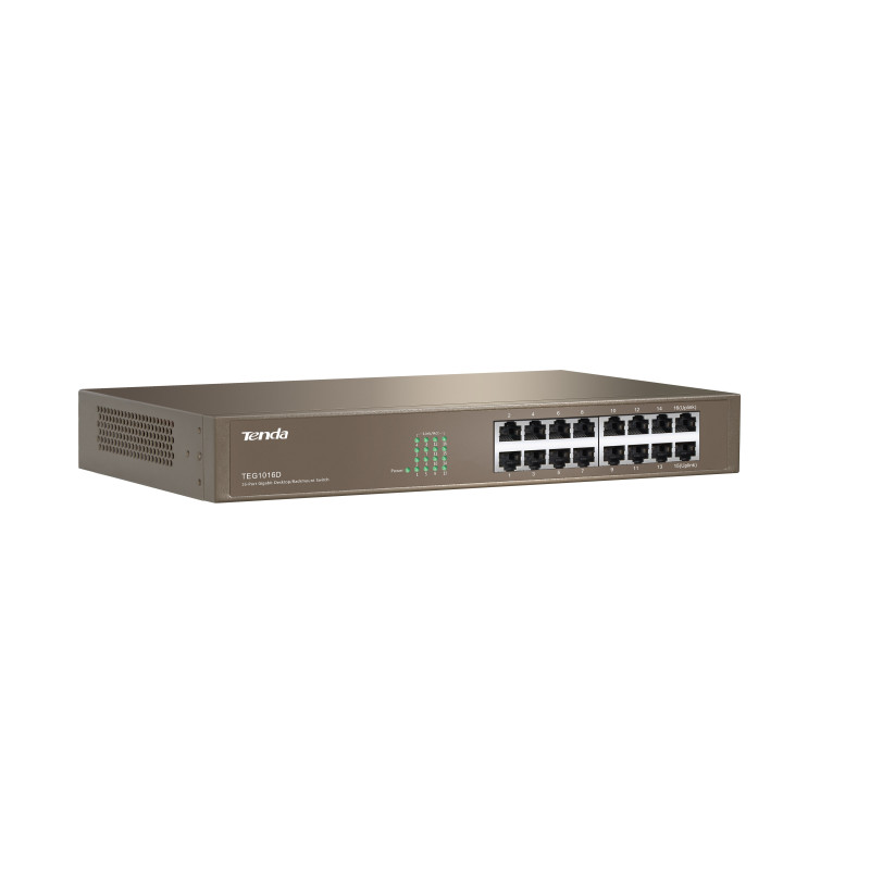 Tenda TEG1016D - 16x Gigabit Switch, Fanless-bez ventilátorov, Rackmount, ochrana proti prepätiu