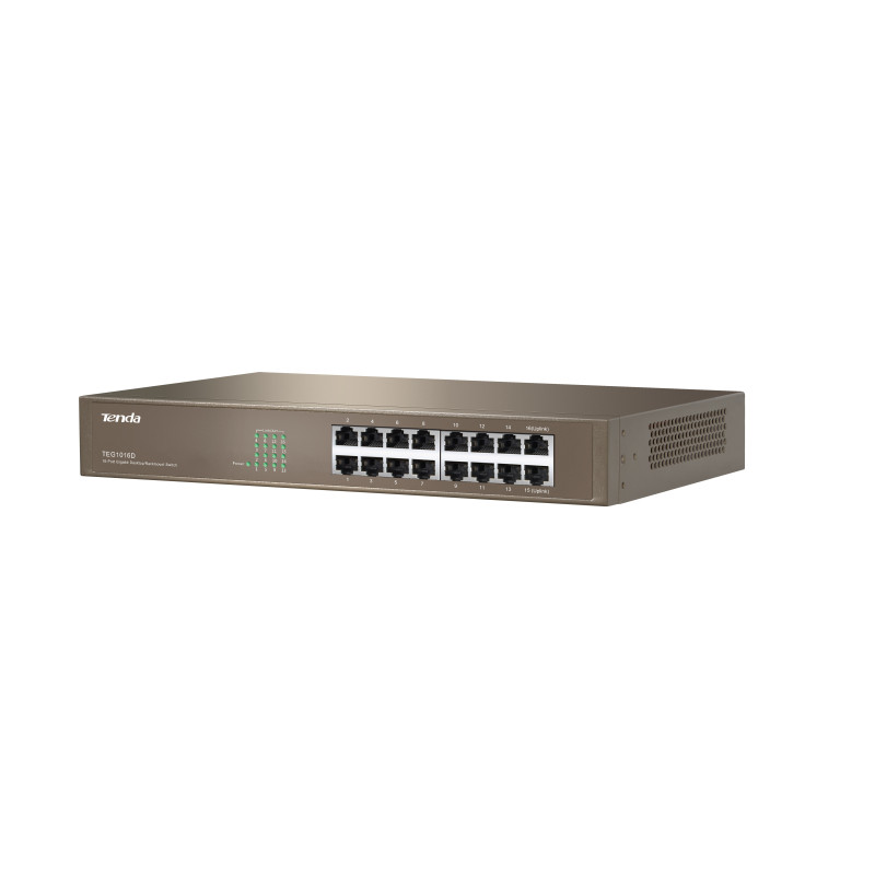 Tenda TEG1016D - 16x Gigabit Switch, Fanless-bez ventilátorov, Rackmount, ochrana proti prepätiu