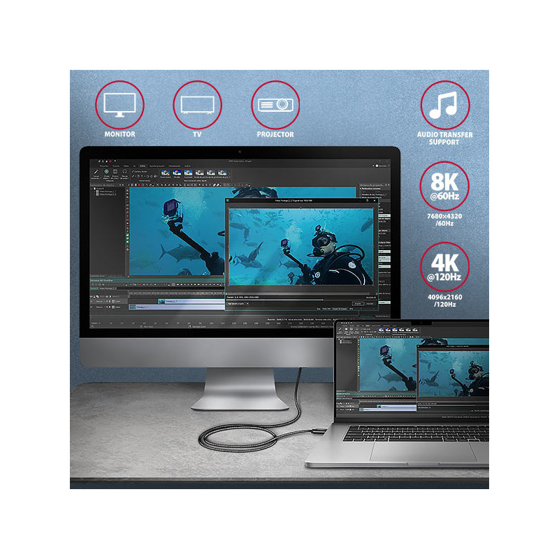 AXAGON BUCM4X-CM05AB NewGEN+ kábel USB-C -- USB-C, 0.5m, USB4 Gen 3×2, PD 240W 5A, 8K HD, ALU, opletenie