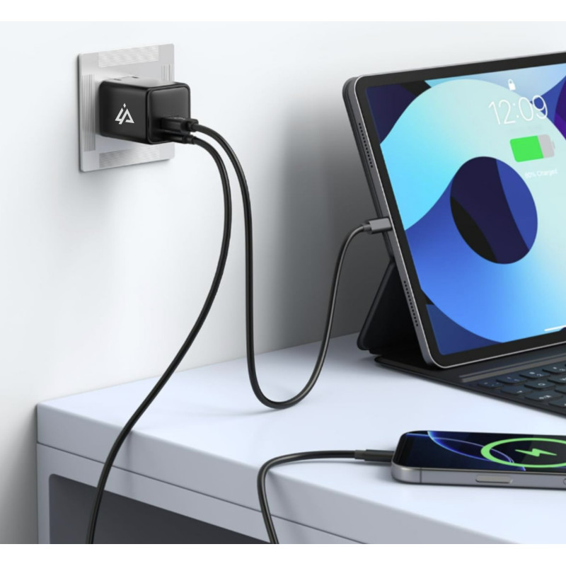 GaN SIEŤOVÁ NABÍJAČKA 20W (USB-C + USB-A) ČIERNA
