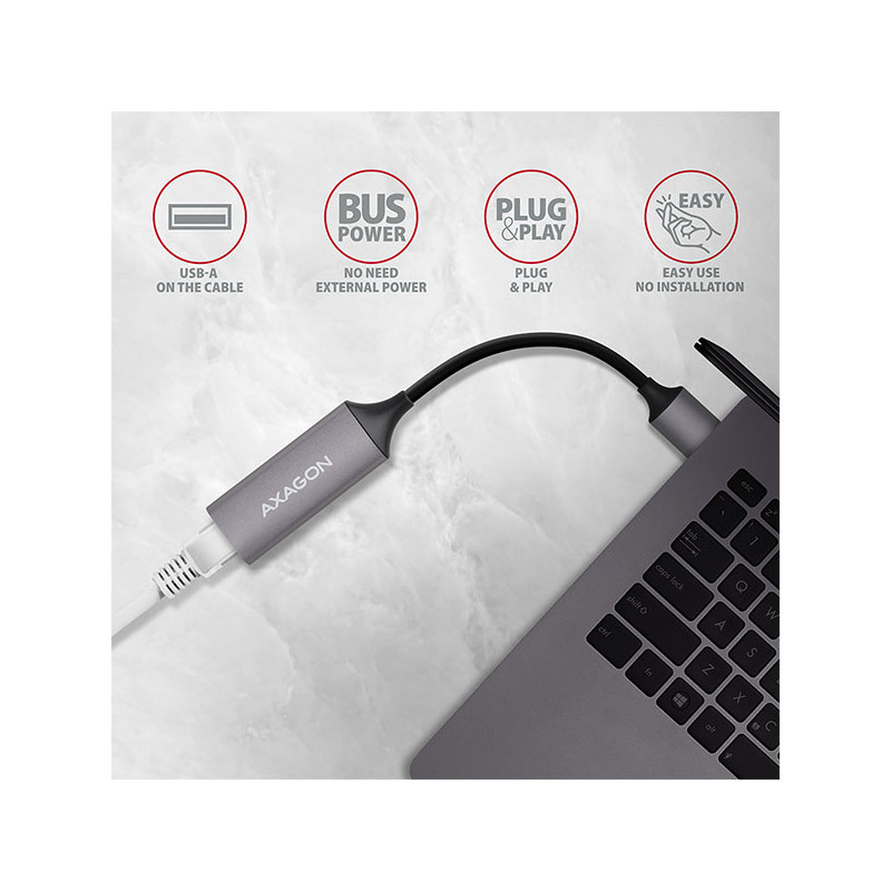 AXAGON ADE-TR, USB-A 3.2 Gen 1 - Gigabit Ethernet sieťová karta, auto inštal, titánovo šedá