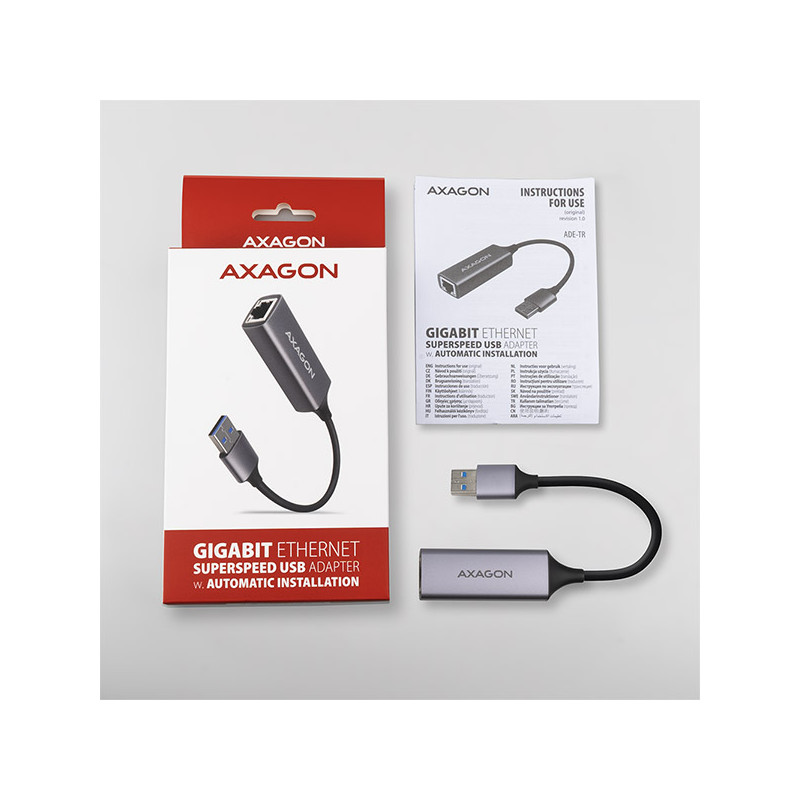 AXAGON ADE-TR, USB-A 3.2 Gen 1 - Gigabit Ethernet sieťová karta, auto inštal, titánovo šedá