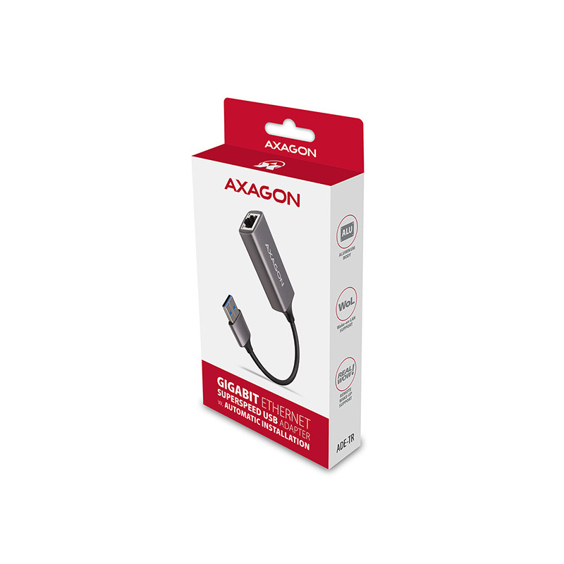 AXAGON ADE-TR, USB-A 3.2 Gen 1 - Gigabit Ethernet sieťová karta, auto inštal, titánovo šedá