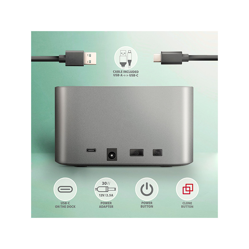AXAGON ADSA-DC, USB-C 5Gbps - 2x SATA 6G 2.5''/3.5'' SSD/HDD CLONE DUAL dokovacia stanica
