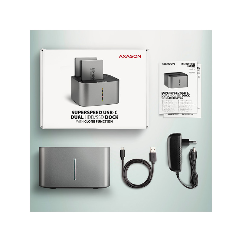 AXAGON ADSA-DC, USB-C 5Gbps - 2x SATA 6G 2.5''/3.5'' SSD/HDD CLONE DUAL dokovacia stanica