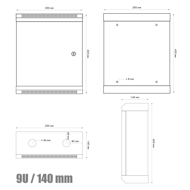 10'' rack jednodielny 9U/140 DATACOM černý plech.dvere