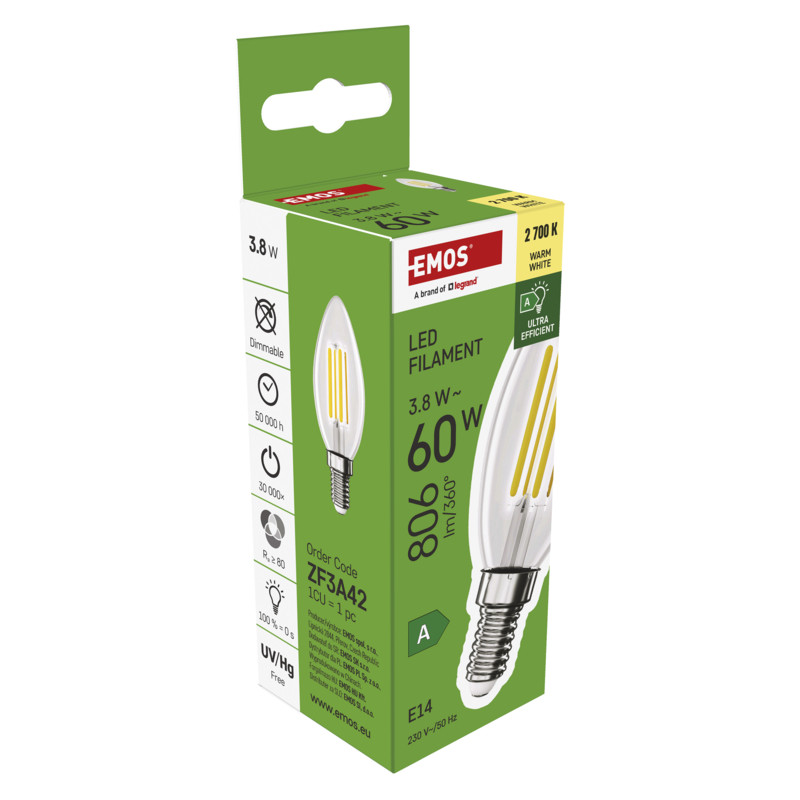 EMOS LED FLM CANDLE 3,8 W (60 W) 806lm E14 WW A CLASS