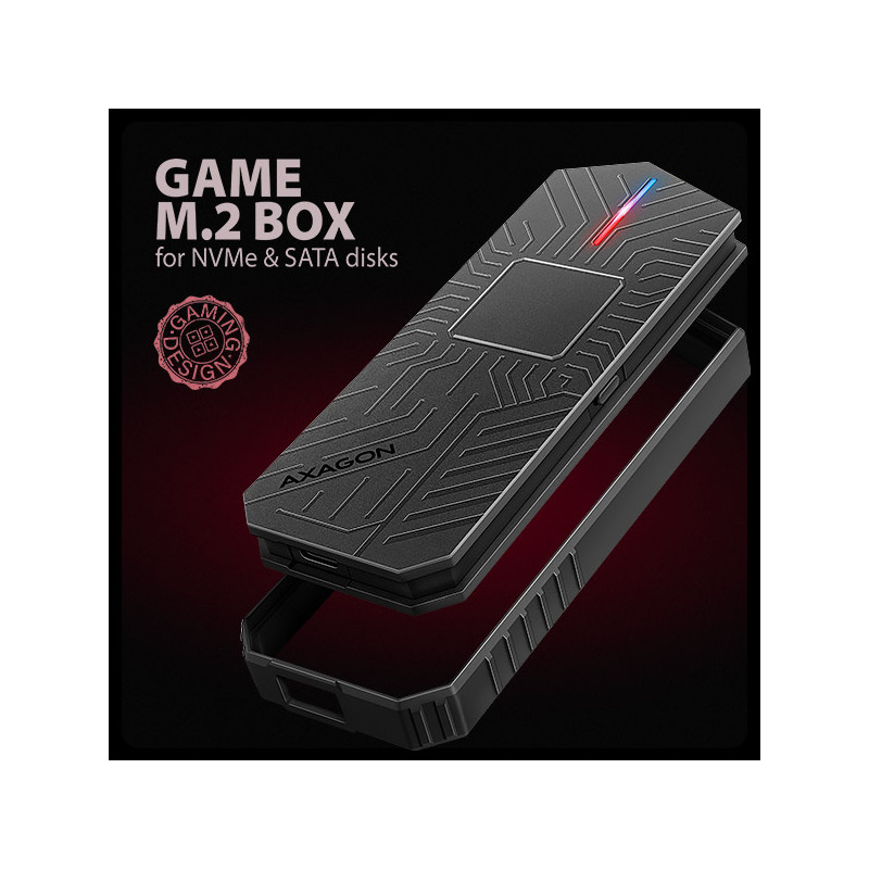 AXAGON EEM2-GAM, USB-C 10Gbps - NVMe & SATA SSD GAME M.2 box, bezšroubový